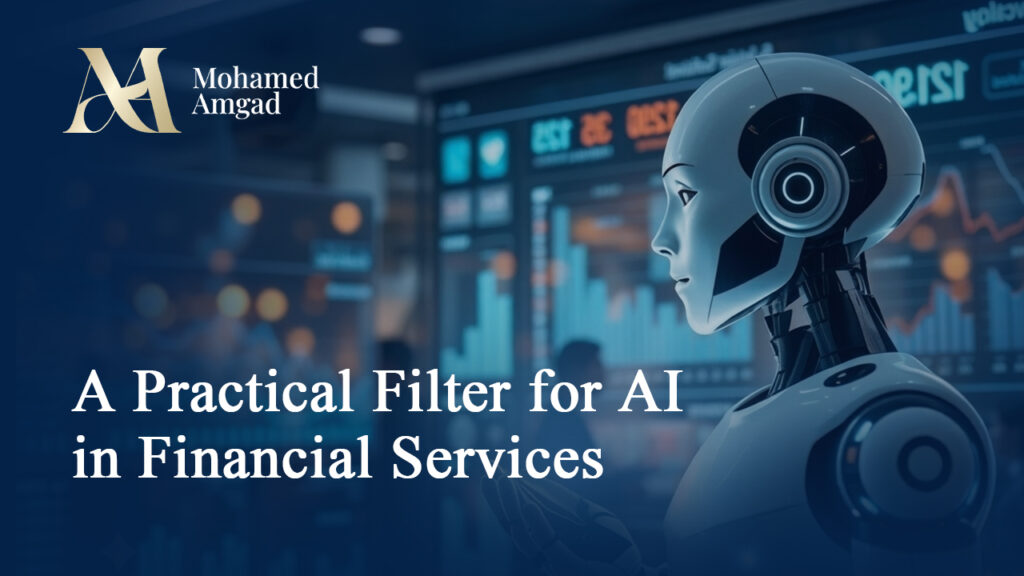 White humanoid robot in profile in front of screens showing financial market data