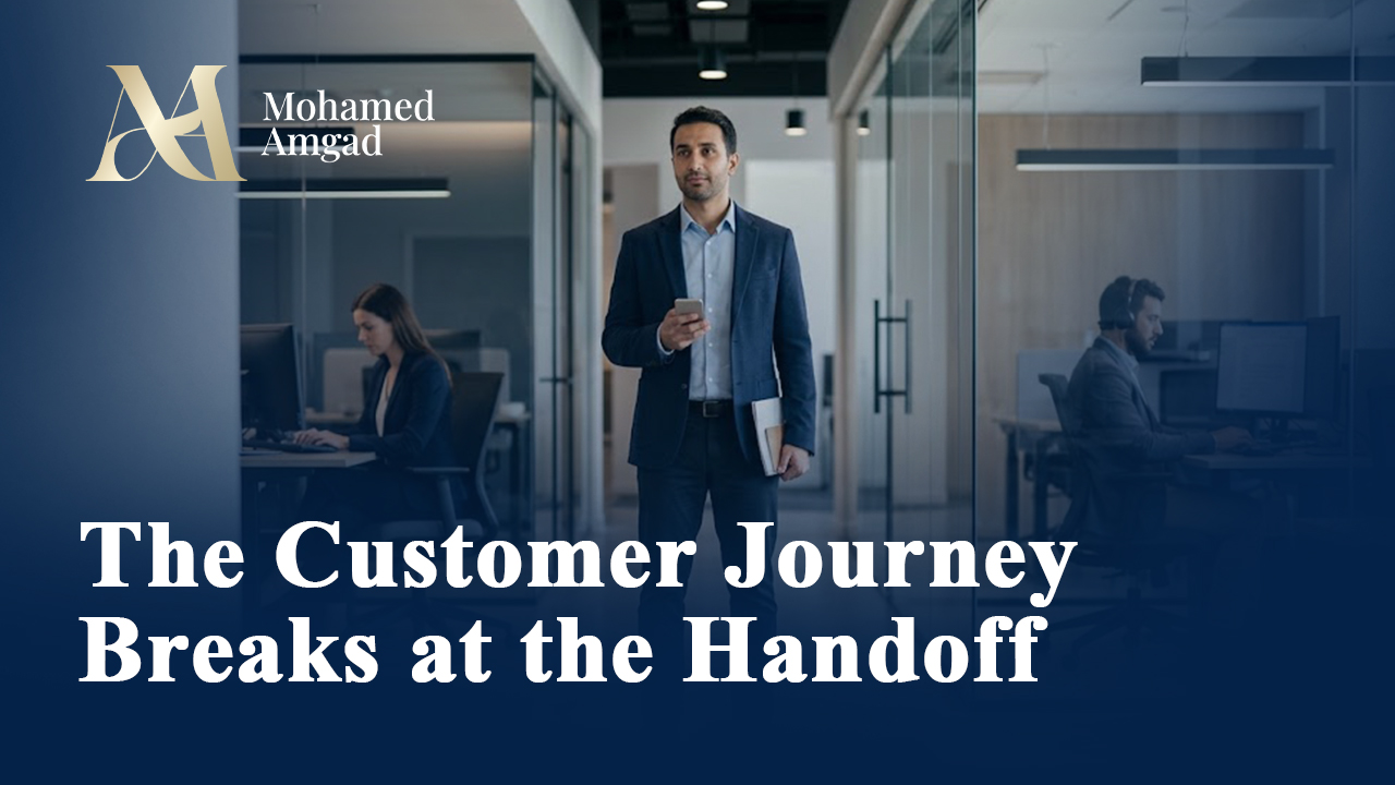 Customer journey handoffs – article cover showing a business leader walking through an office